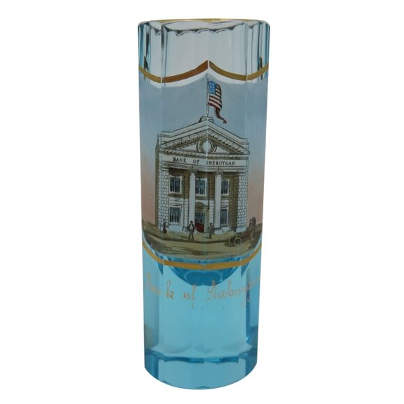 VTG Bank of Sheboygan Clear Blue Glass Gold Trim Shot Glass Souvenir Wisconsin - Picture 1 of 11